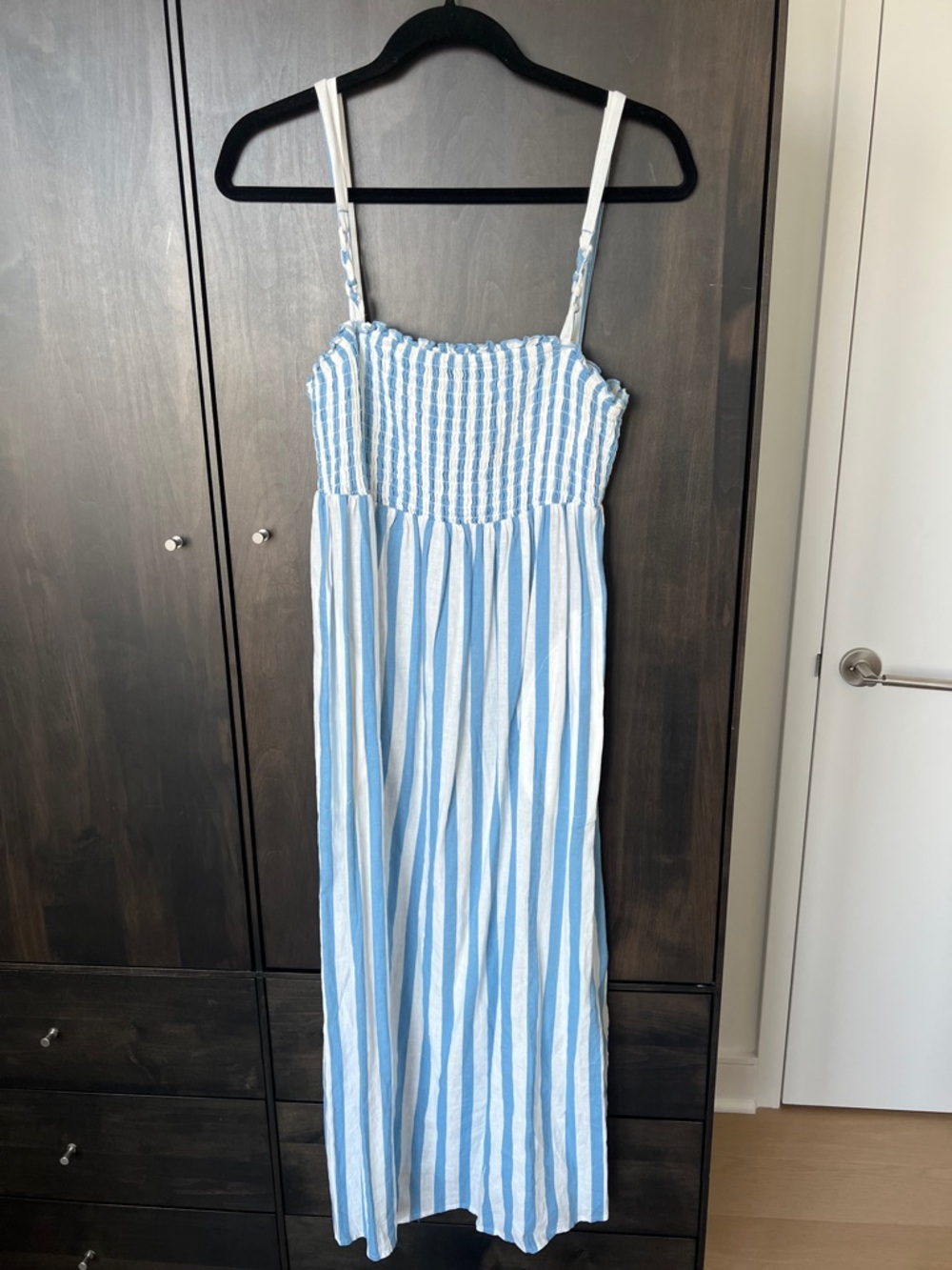 Anthropologie Light Blue and White Striped Smocked Midi Dress